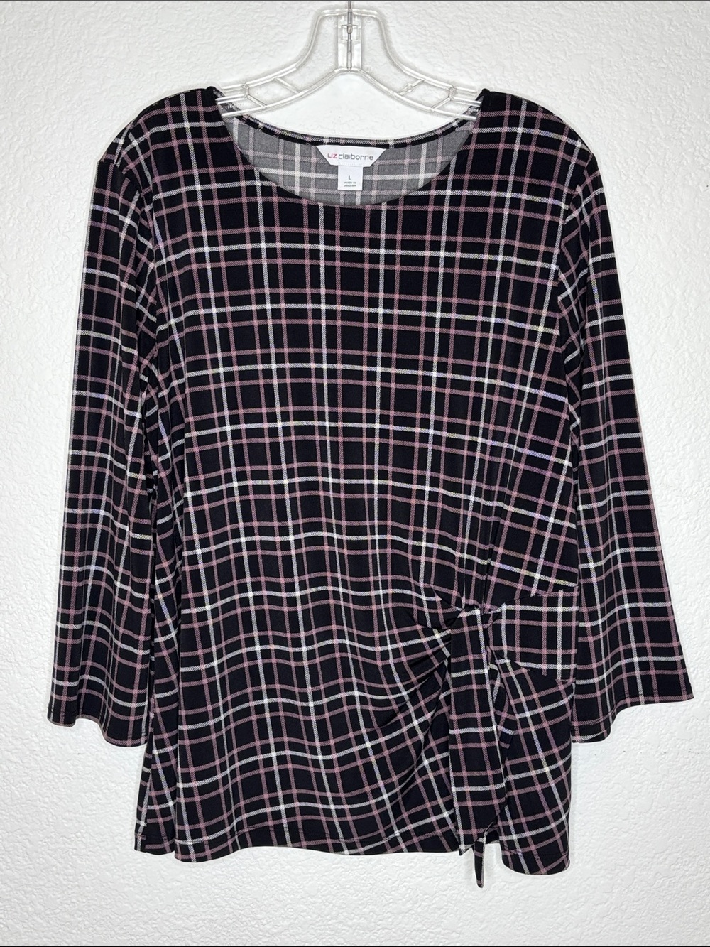 Liz Claiborne Black Top with Pink and White Plaid Front Tie Detail